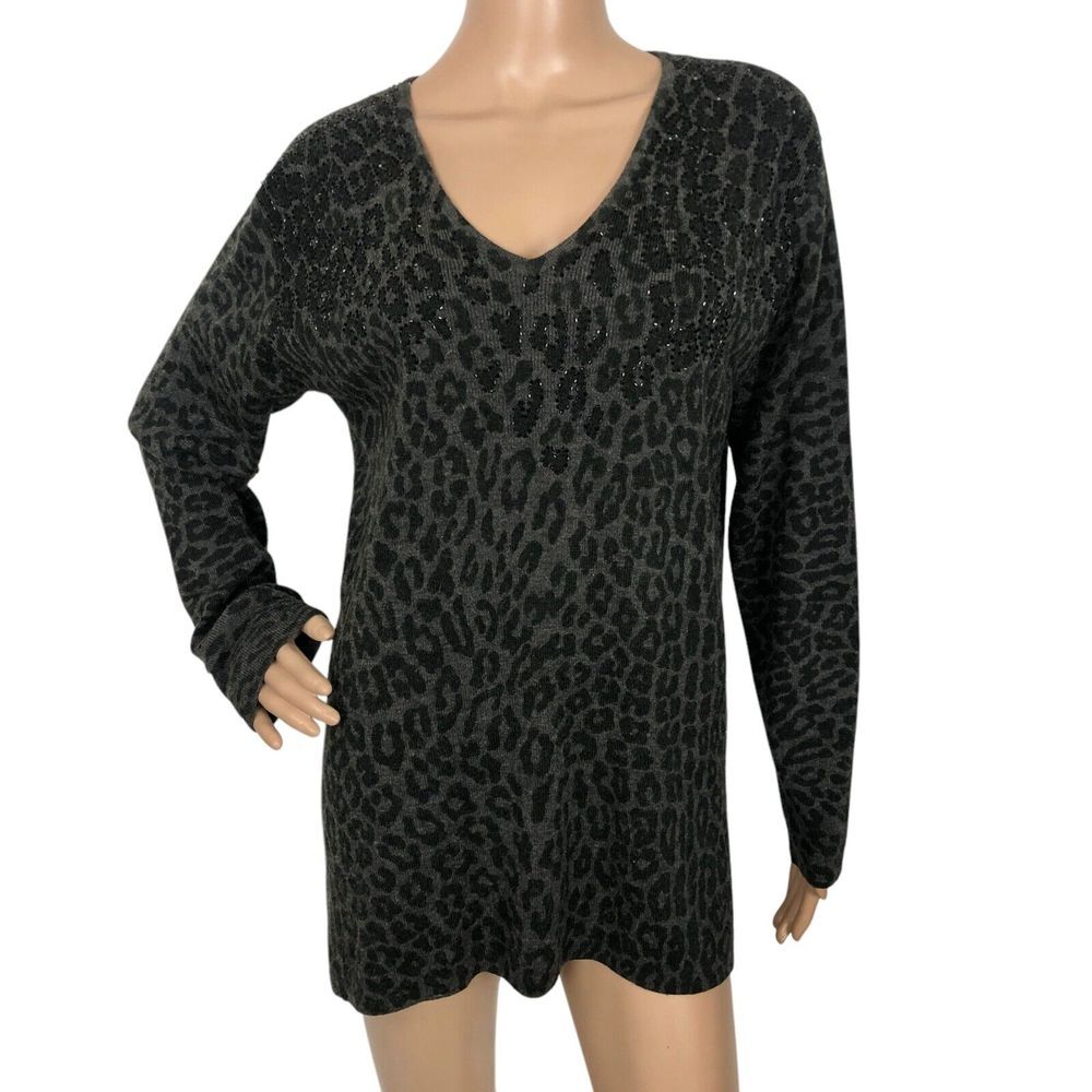 Carole Little Wool Blend Sweater Size S Beaded Cheetah Leopard Print Long Top